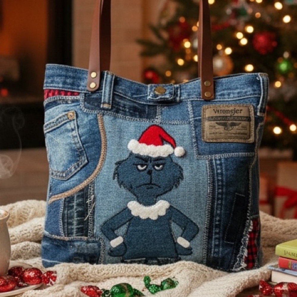 Grinch Christmas Patchwork upcycle Denim Tote Bag – Handmade – One of a Kind
